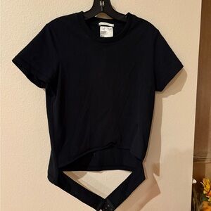 Helmut Lang black tshirt with hanging strap on bottom